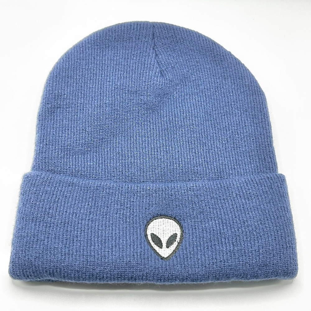 Alien Head White Cartoon Beanie Hat Cap Knit Cuff Blue Fashion Casual Outdoors